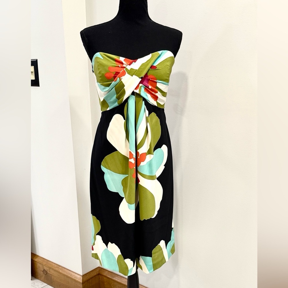 Nicole Miller Black Strapless Floral Dress with Olive, Aqua & Coral